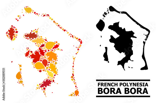 Mosaic autumn leaves and solid map of Bora-Bora. Vector map of Bora-Bora is shaped from random autumn maple and oak leaves. Abstract territory plan in bright gold, red,