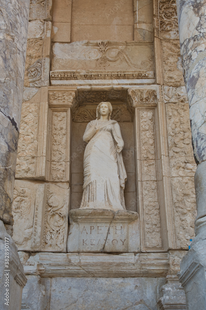 Sculpture on the facade of the ancient library of Ephesus. Ephesus, Turkey.