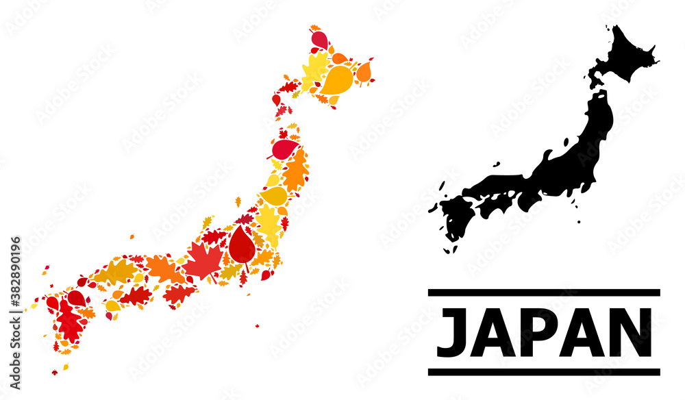 Mosaic autumn leaves and solid map of Japan. Vector map of Japan is done from randomized autumn maple and oak leaves. Abstract geographic scheme in bright gold, red, brown colors for map of Japan.