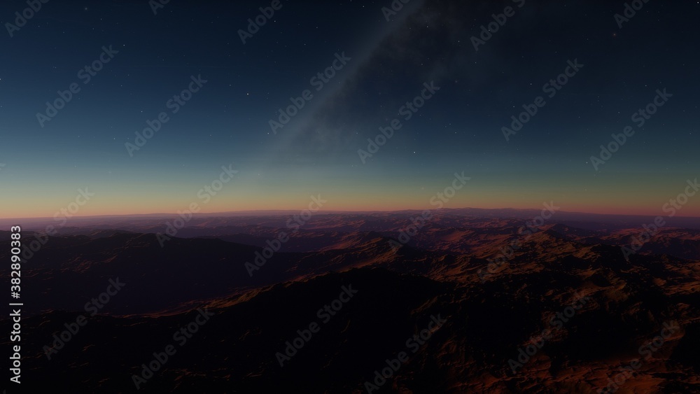 alien planet in space, science fiction landscape, 3d render	
