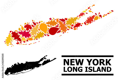 Mosaic autumn leaves and solid map of Long Island. Vector map of Long Island is composed with random autumn maple and oak leaves. Abstract territorial scheme in bright gold, red,