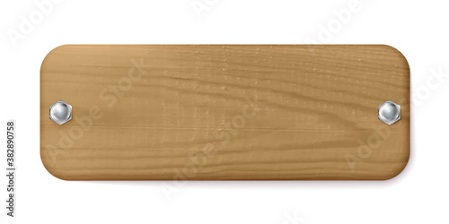 Wooden plate or tag with screws isolated on white background. Style for graphic and web design, label, template. Vector illustration