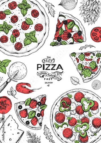 Italian pizza and ingredients top view frame. Italian food menu design template. Vintage hand drawn sketch, vector illustration. Engraved style illustration. Pizza label for menu.