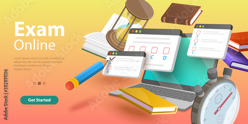 Online Testing, Questionnaire Form, Internet Quiz or Survey, Distant Education. 3D Isometric Flat Vector Conceptual Illustration.