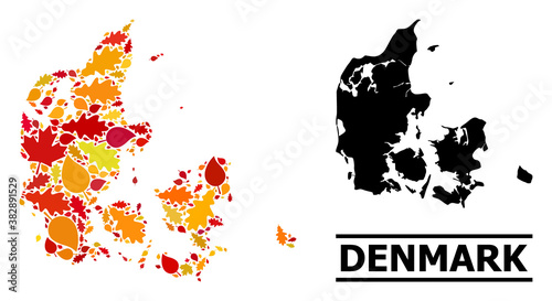 Mosaic autumn leaves and solid map of Denmark. Vector map of Denmark is shaped with randomized autumn maple and oak leaves. Abstract geographic plan in bright gold, red,
