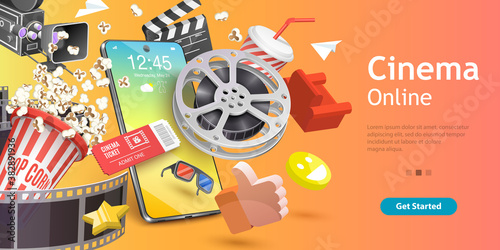 Mobile Cinema, Online Movie App, Cinematography and Filmmaking, Ticket Ordering. 3D Vector Conceptual Illustration.