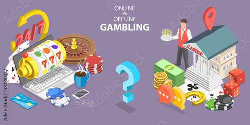 Online Gambling vs Traditional Gambling, Pros and Cons. 3D Isometric Flat Vector Conceptual Illustration.