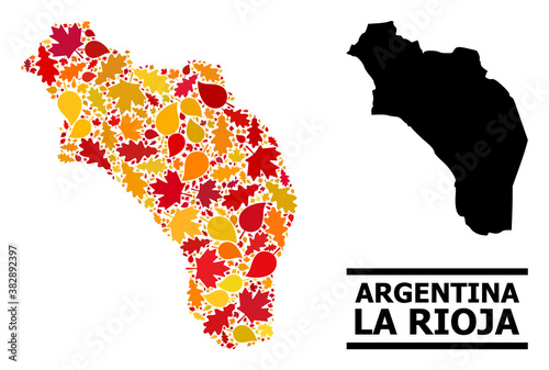 Mosaic autumn leaves and usual map of Argentina - La Rioja. Vector map of Argentina - La Rioja is formed from random autumn maple and oak leaves. Abstract geographic scheme in bright gold, red,