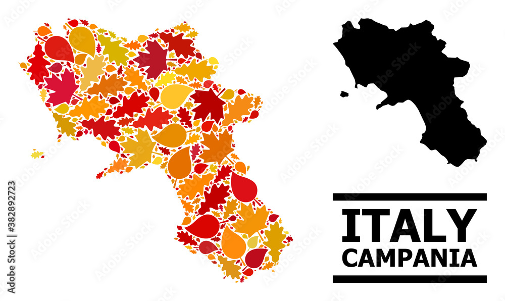 Mosaic autumn leaves and usual map of Campania region. Vector map of Campania region is composed from scattered autumn maple and oak leaves. Abstract territory scheme in bright gold, red,