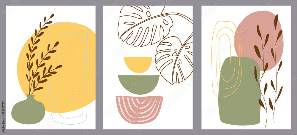 Set of creative minimalist hand painted illustrations with decorative branches, leaves and abstract color spots. For postcard, poster, poster, social media story design.