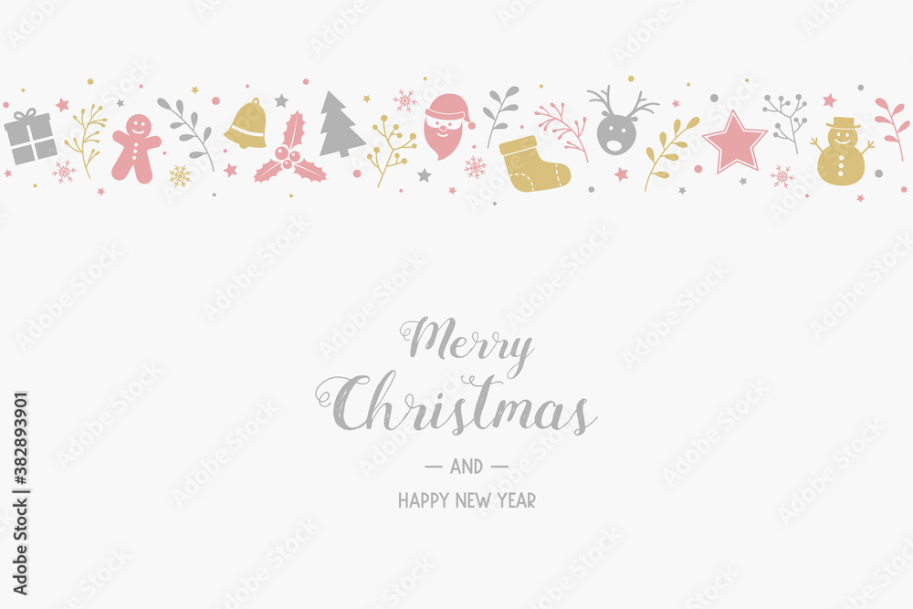 Christmas greeting card with festive decorations. Xmas background with beautiful calligraphy. Vector