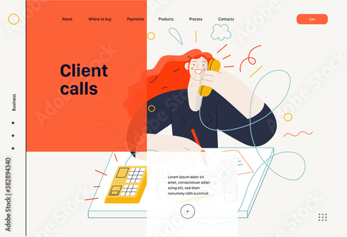 Business topics - client calls, web template. Flat style modern outlined vector concept illustration. A red-haired woman talking to a client by the phone at the office desk. Business metaphor.