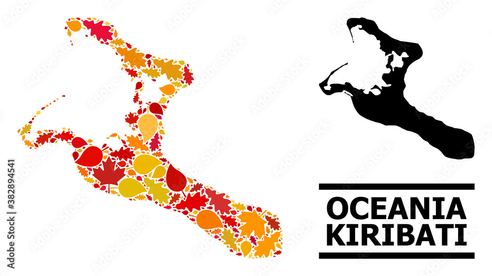 Mosaic autumn leaves and usual map of Kiribati Island. Vector map of Kiribati Island is shaped from randomized autumn maple and oak leaves. Abstract territorial scheme in bright gold, red,