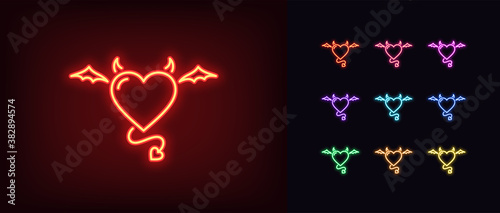Fotografia Neon devil heart, glowing icon