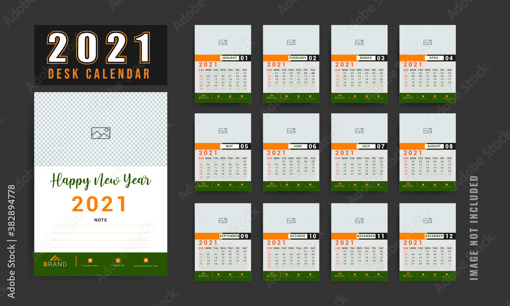 Minimal Creative Green Desk calendar 2021 template with set of 12 Months,Week starts on Sunday