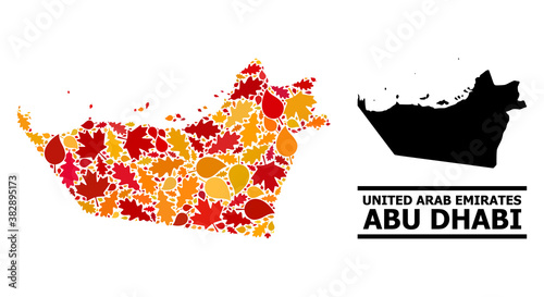 Mosaic autumn leaves and usual map of Abu Dhabi Emirate. Vector map of Abu Dhabi Emirate is composed from randomized autumn maple and oak leaves. Abstract territory scheme in bright gold, red,