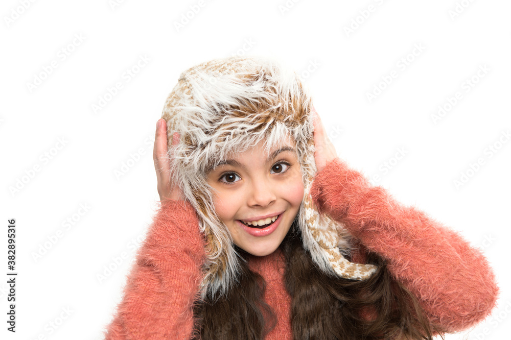 artificial fur fashion style. little playful girl in winter look smiling. Fashion concept. cute beauty isolated on white. warm in any weather. let it snow. ski resort. get ready for winter holiday artificial fur fashion style. little playful girl in winter look smiling. Fashion concept. cute beauty isolated on white. warm in any weather. let it snow. ski resort. get ready for winter holiday