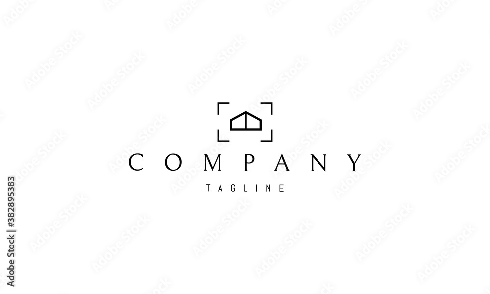 Vector logo on which the abstract image of the house silhouette in the frame of the lens. Vector logo on which the abstract image of the house silhouette in the frame of the lens.