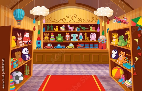 Toy shop with shelves of toys. Big set of colorful toys for children. Cartoon vector illustration.