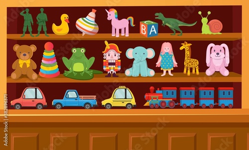 Toy shop with shelves of toys. Big set of colorful toys for children. Cartoon vector illustration.