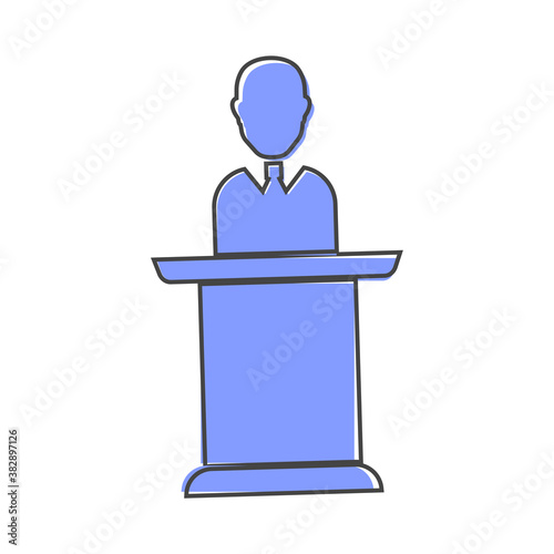 Vector icon speaker on the podium. Politician broadcasting from the podium on cartoon style on white isolated background.