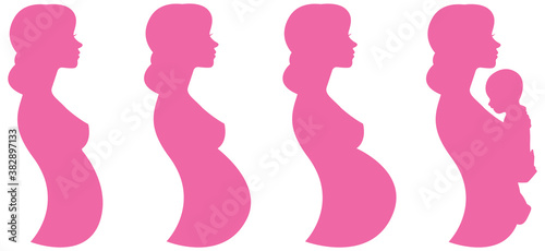 Vector illustration of pregnant female silhouettes and baby. Female body and changes during pregnancy