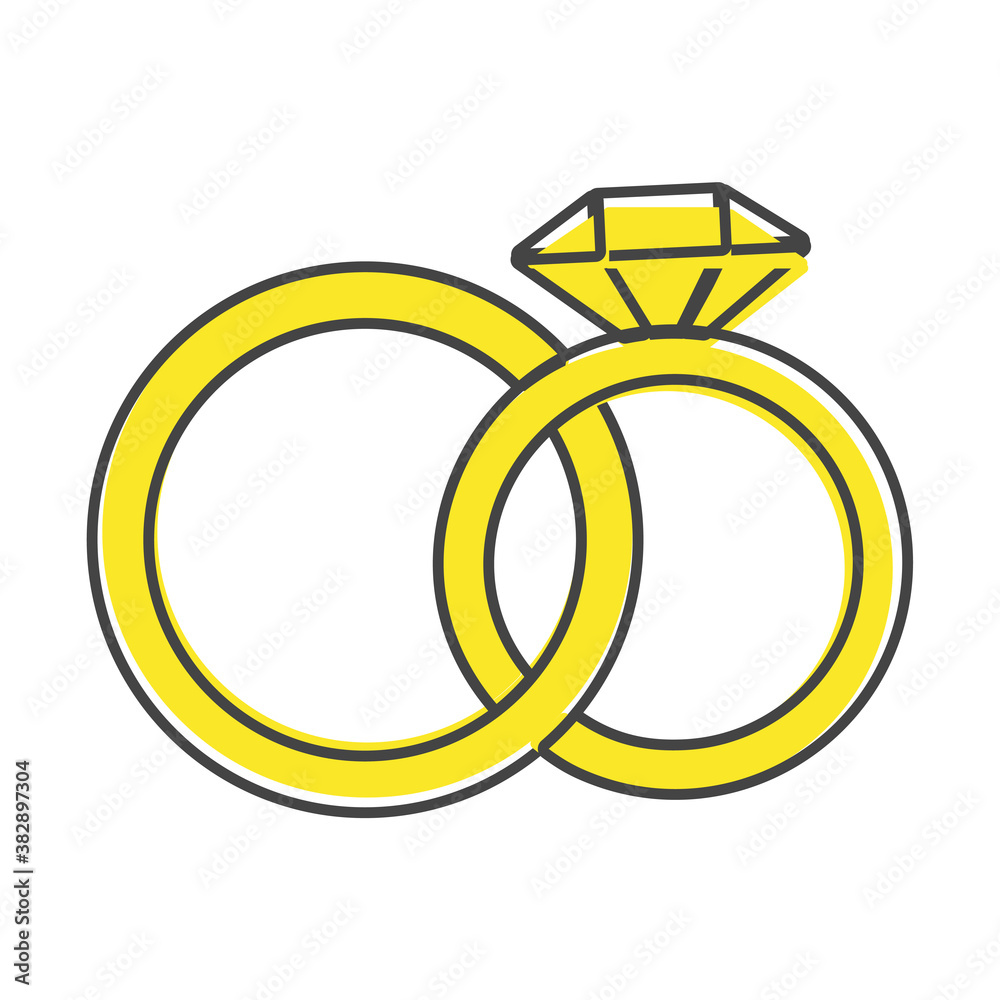 Vector icon wedding rings. Two rings male and female with a diamond. Symbol of love and family well-being cartoon style on white isolated background. Vector icon wedding rings. Two rings male and female with a diamond. Symbol of love and family well-being cartoon style on white isolated background.