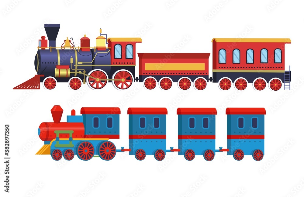 Cartoon toy trains.Vector illustration isolated on white background