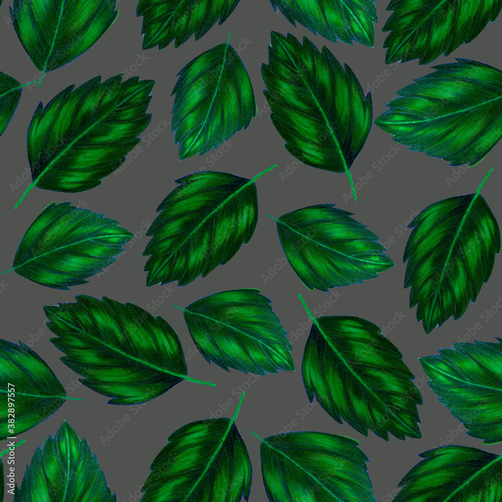Beautiful seamless pattern with tropical leaves and flowers drawn with colored pencils. Retro bright summer background. Jungle foliage illustration. Swimwear botanical design. Vintage exotic print.	