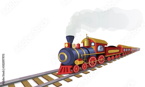 Old train with railway station in the village.Vector cartoon illustration.