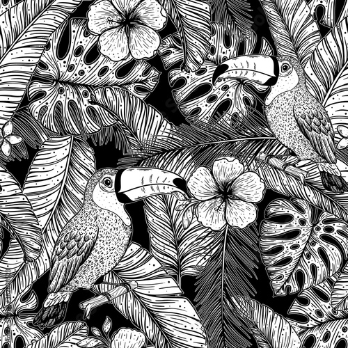 Tropical seamless pattern. Tropical design template. Toucan and palm leaves vector illustration. Summer design. Beautiful design for textiles. Jungle pattern. Print on cloth template.