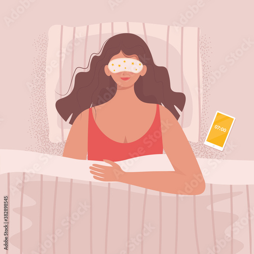 Woman in a mask for sleeping in bed. Cute vector illustration in cartoon flat style