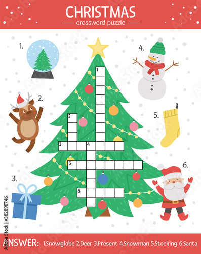 Vector Christmas crossword puzzle for kids. Simple quiz with winter holiday objects for children. Educational activity with traditional New Year elements, Santa, deer, tree, present.