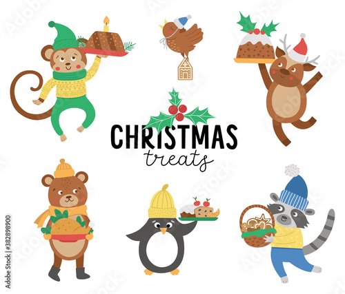Fototapeta Naklejka Na Ścianę i Meble -  Cute vector animals in hats, scarves and sweaters with traditional Christmas dishes. Winter set of characters with food. Funny Christmas card designs. New Year print.