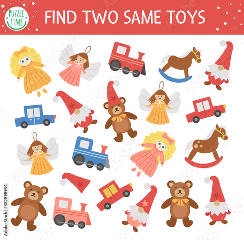 Find two same toys. Christmas matching activity for children. Funny educational winter logical quiz worksheet for kids. Simple printable New Year game with doll, Teddy Bear, train, car.