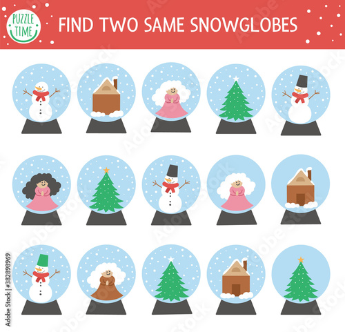 Find two same snow globes. Christmas matching activity for children. Funny educational winter logical quiz worksheet for kids. Simple printable New Year game with traditional toy.