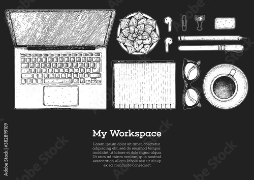 Office desk table top view sketch. Workspace with laptop, notebook, coffee cup, plant, pencil, pen, glasses, headphones. Hand drawn vector illustration. Business concept.
