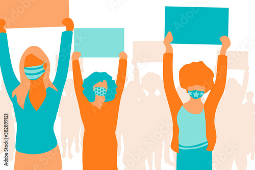 Crowd of protesters people wearing stylish medical masks vector illustration. People with banners and placards. Concept of revolution or protest, diversity, women's power.