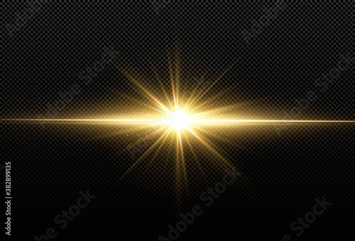 Fototapeta Naklejka Na Ścianę i Meble -  Shining golden stars isolated on black background. Effects, lens flare. Light star gold png. Light sun gold png. Light flash gold png. Powder png.