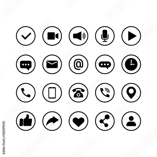 Contact icon set in black. Business concept. Phone, message, email, location, social media. Vector EPS 10. Isolated on white background