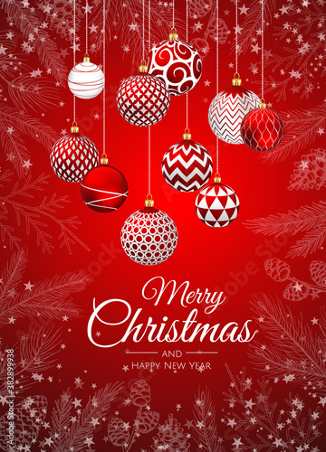 Merry Christmas and Happy New Year Holiday white banner illustration. Xmas design with realistic vector 3d objects, golden christmass ball, snowflake, glitter gold confetti.