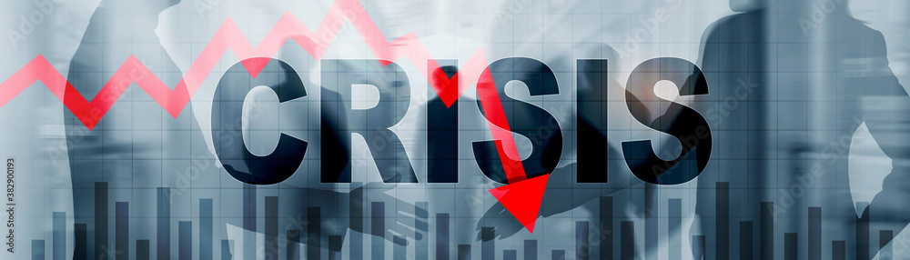 Naklejka premium Crisis and red arrow down on abstract website banner.