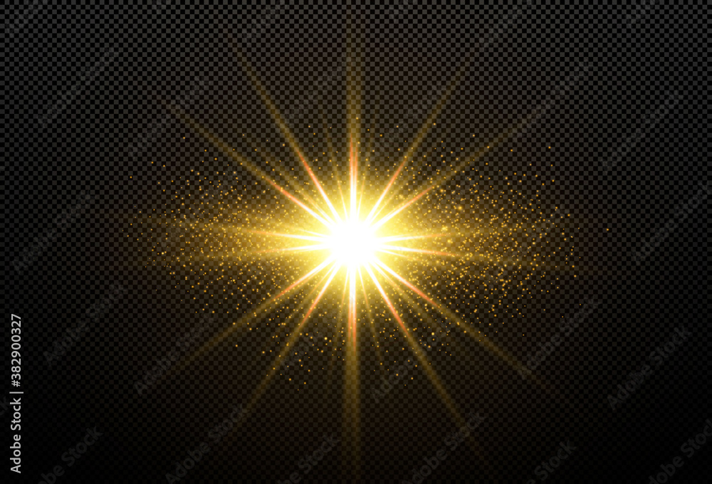 Shining golden stars isolated on black background. Effects, lens flare. Light star gold png. Light sun gold png. Light flash gold png. Powder png.