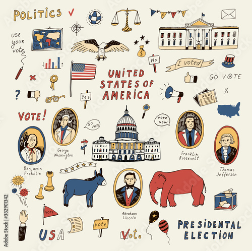 Voting american presidental election, united staters of america hand drawn doodle line illustrations vector set.