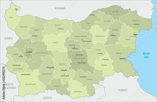 The Bulgaria map divided in regions with some of the main cities