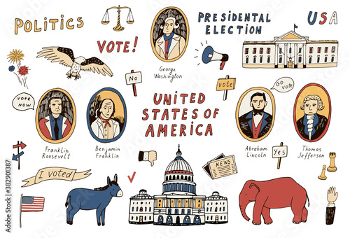 Voting american presidental election, united staters of america hand drawn doodle line illustrations vector set.