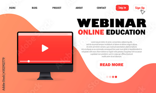 Online video tutorials education in Computer. Play lesson concept. Webinar. Online education, courses. Computer with play button. Modern flat design of online education for the site and mobile site.