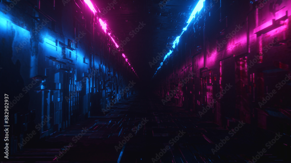 Endless flight in a futuristic metal corridor with neon lighting. Technology and future concept. Modern ultraviolet blue purple light spectrum 3d illustration