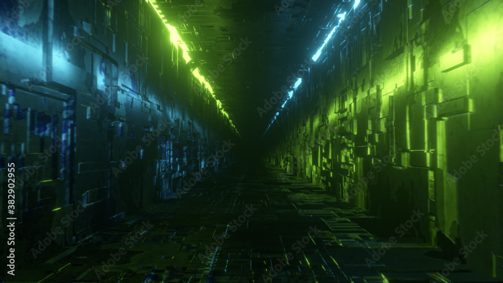 Endless flight in a futuristic metal corridor with neon lighting. Technology and future concept. Modern blue green light spectrum 3d illustration