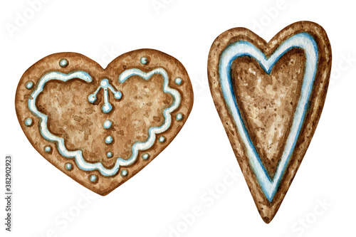 Christmas gingerbread heart cookies set, winter holiday sweet food. Watercolor illustration isolated on white background. Xmas gift and tree decorations. Greeting card design concept
